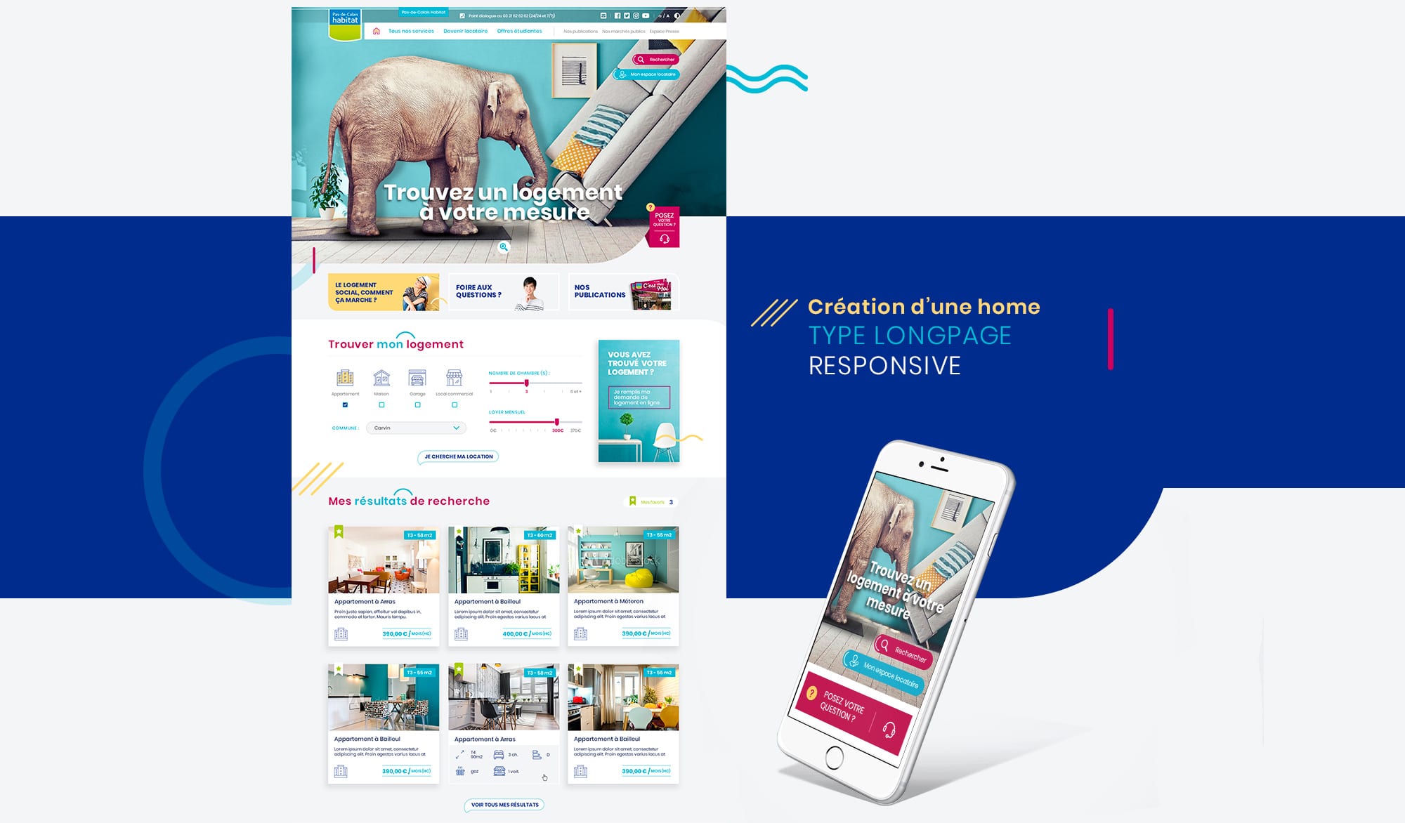 Webdesign habitat bleu rose jaune
